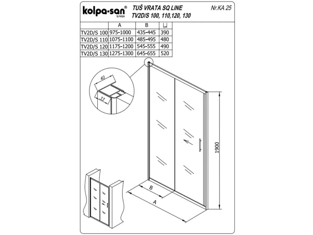 KOLPA TV2D/S SQ line 110 S/CH SILVER tus vrata 5/6 mm SILVER/CINCILA h=190 - 511600 