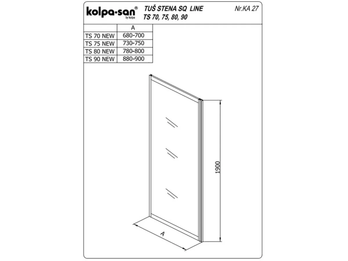 KOLPA TS SQ line 80/K SILVER - providno,tus stena 5 mm h=190 (komb. TKK,TKP,TV SQ line) - 527640 