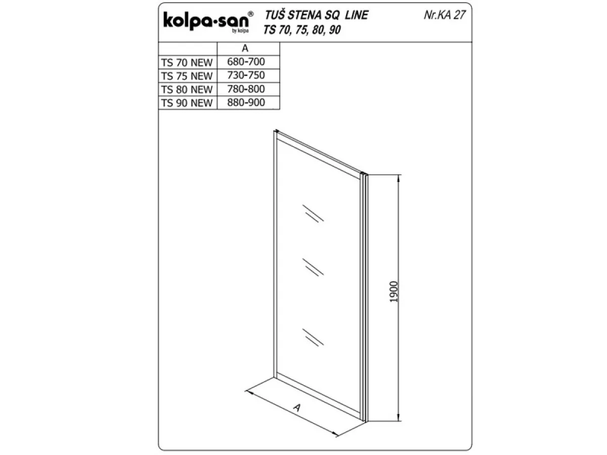 KOLPA TS SQ line 90/K BELA - providno,tus stena 5 mm h=190 (komb. TKK,TKP,TV SQ line) - 527670 