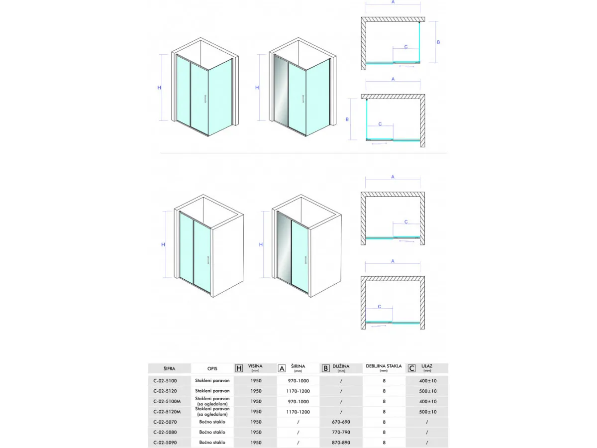 Concept tus kabina titan 120x80x195cm 8mm providnos taklo sa ogledalom C-02-5120M/5080 