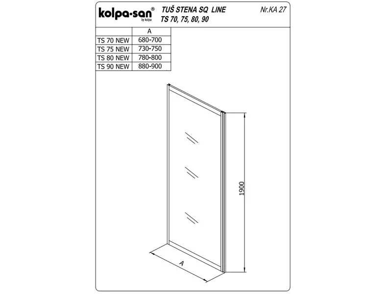 KOLPA TS SQ line 75/K SILVER - providno,tus stena 5 mm h=190 (komb. TKK,TV SQ line) - 527600 